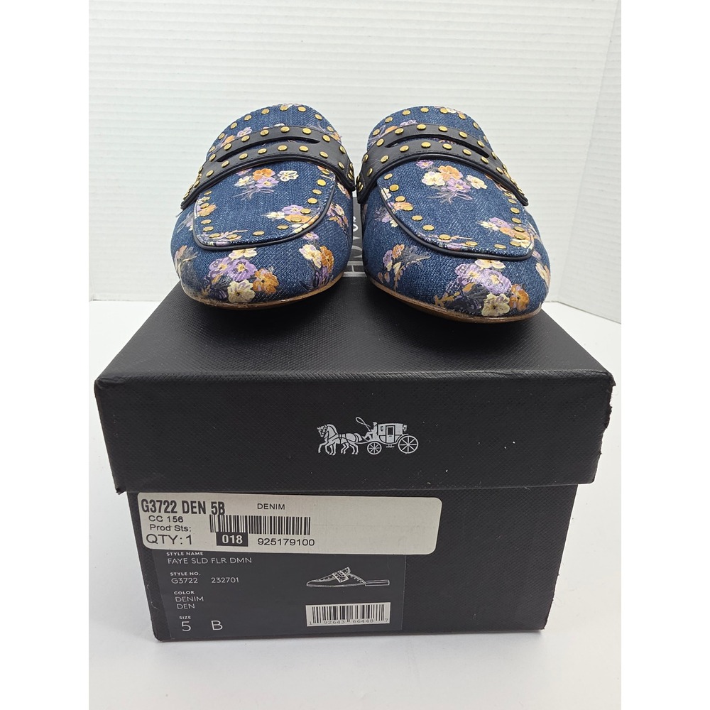 Coach Faye Slide Floral Denim Studded Mules Blue G3722 Womens Size 5B - Picture 5 of 5